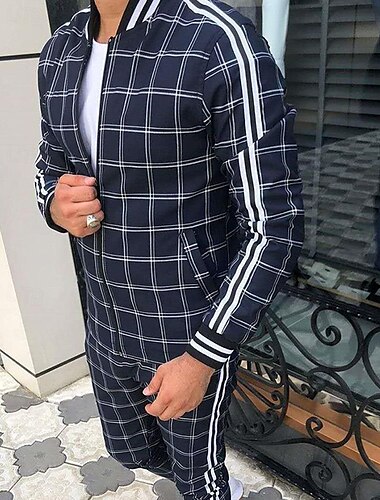  Homens Moletom Roupa de corrida 2 Peças Zip Completo Casual Outono Manga Longa Respirável Macio Ginástica Treino de Ginástica Corrida Roupa de esporte Roupas Esportivas Xadrez Quadrados Branco Azul