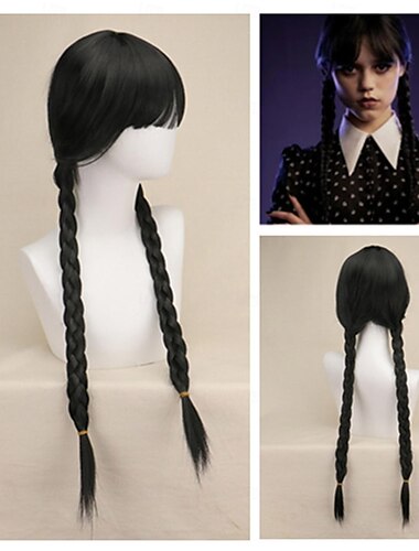  باروكات وينزداي آدامز باروكة طويلة سوداء مضفرة شعر طبيعي ناعم Cute مع غطاء باروكة ضفائر باروكات صناعية لحفلات الكوسبلاي باروكات هالوين