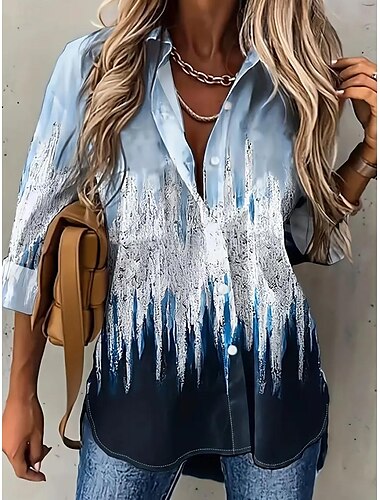  chemise femme boutons élégants imprimé manches 3/4 col chemise travail quotidien bleu été printemps automne