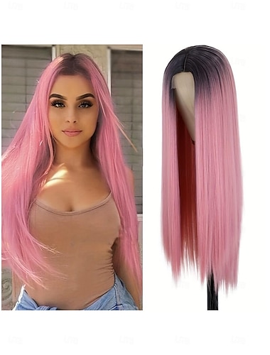  الرباط الباروكة الاصطناعية مستقيم أسلوب 26 بوصة الوردي الجزء الأوسط شكل حرف U شعر مستعار نسائي شعر مستعار زهري فاتح