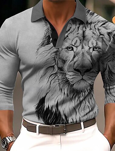  Tier Löwe Sportbekleidung Brautkleider schlicht Herren Poloshirt Langarm Outdoor Strasse Casual Herbst Winter Bedruckt Umlegekragen Blau Khaki Grau Polyester