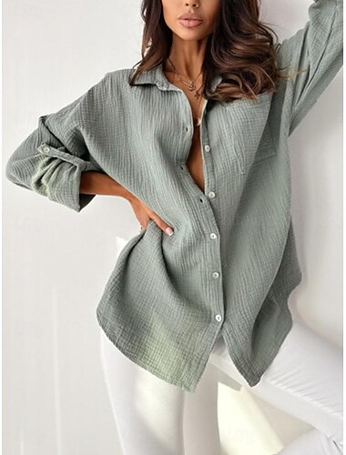  Damen Bluse stilvoll modern einfarbig Knöpfe Tasche Langarm Hemd Kragen Arbeit blau orange grün rosa rosa Frühling Herbst