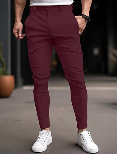  Herren Hose Chinos Chinohose Plissiert Karomuster Komfort Arbeit Geschäft Täglich Lässig Schwarz Wein Mikroelastisch
