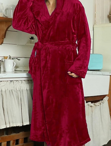  Hombre Pijamas Túnica Albornoces bata de baño 1 PC Plano Elegante Casual Confort Hogar Diario Cama Vellón Comodidad Templado Sudadera Manga Larga Bolsillo Otoño Invierno Blanco Vino