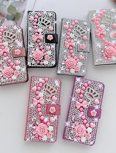  telefone Capinha Para Samsung Galaxy iPhone 16 15 14 Pro Max Plus iPhone 13 12 11 Pro Max Mini Capa para Cartão Wallet para mulheres menina Com Suporte Magnética Bling Glitter Brilhante flor floral
