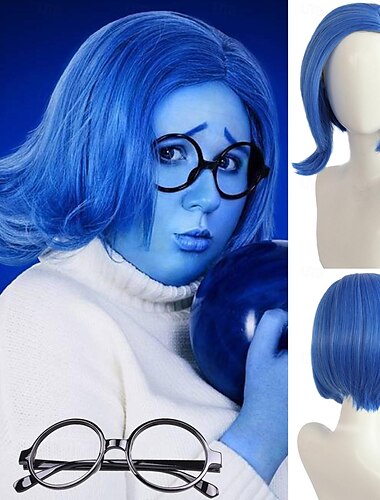  Sadness Blue Bob Wig Girls Blue Anime Wig Women Heat Resistant Synthetic Cosplay Costume Party Wig (Only Wigs) Halloween Wigs