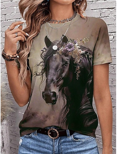  женская футболка повседневная ombre horse print короткий рукав обычные топы круглый вырез повседневный светло-коричневый летний