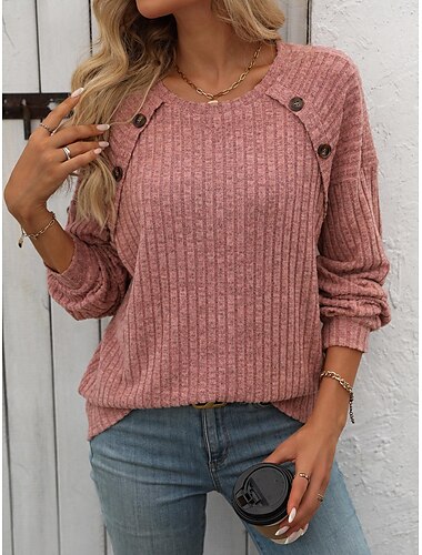  Damen Bluse Feste Farbe Glatt Stilvoll Modern Langarm Rundhalsausschnitt Arbeit Knopf Rosa Blau Grün Khaki Frühling Herbst Winter