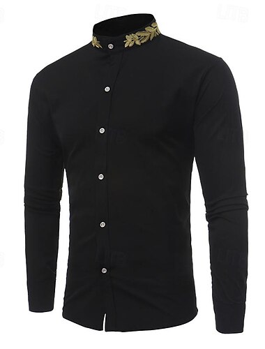  Hombre Camisa Camisa de cuello chino Camisa de cuello mandarín Camisa para Vestido Abotonar la camisa Grano Boda Fiesta Negro Blanco Vino Manga Larga cuello de abuelo Primavera & Otoño Ropa Bordado