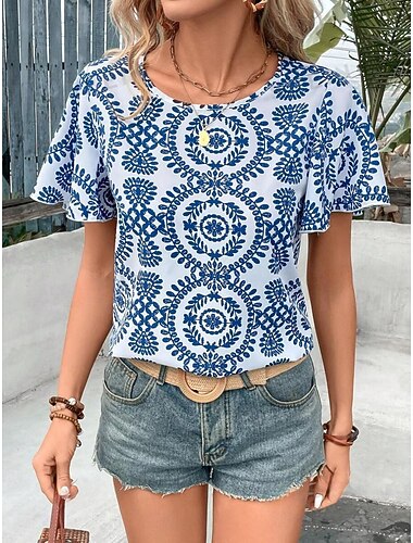  Dames T-shirt Bloemig Paisley Modieus Korte mouw Ronde hals Normale tops Dagelijks Weekend Afdrukken Wit Marine Blauw blauw Groen Zomer