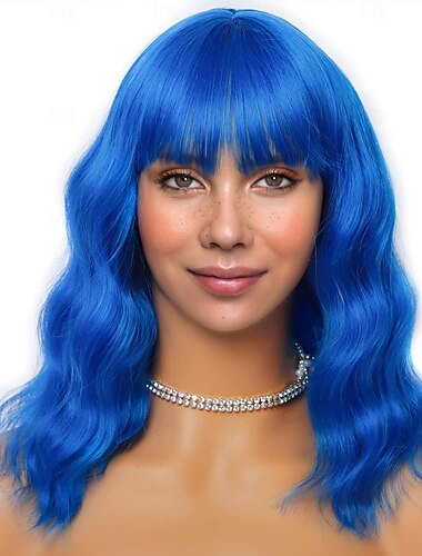  Peruca Curta Bob com Franja para Mulheres Cabelo Solto e Ondulado Ombro Peruca Sintética Colorida Fantasia de Halloween