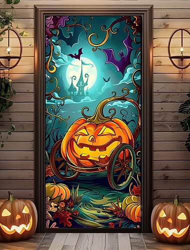  Halloween Türdekorationen Halloween Türabdeckungen Kürbis Krähe Tür Gobelin Türvorhang Dekoration Hintergrund Türbanner für Haustür Bauernhaus Urlaub Party Dekor Zubehör