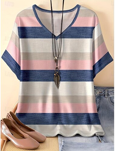  Damen T-Shirt Basic Casual Farbblock Streifendruck Kurzarm Normal Oberteile V-Ausschnitt Alltag Wochenende Rosa Sommer