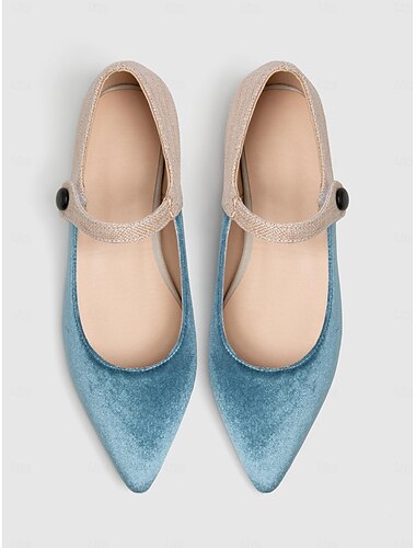  stylische Mary-Jane-Ballerinas aus blauem und beigem Samt mit spitzer Spitze und verstellbarem Riemen fürs Büro und den Alltag