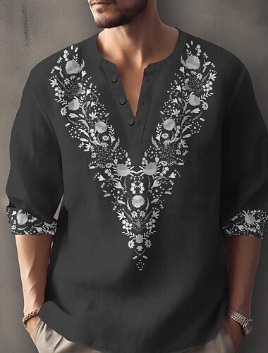  Herren Ethnisch Hemd Knopfhemd Henley Shirt Langarm Brautkleider schlicht Stamm Urlaub Täglich Sommer Frühling Herbst ohne Kragen V Ausschnitt Bedruckt Schwarz Weiß Blau Orange