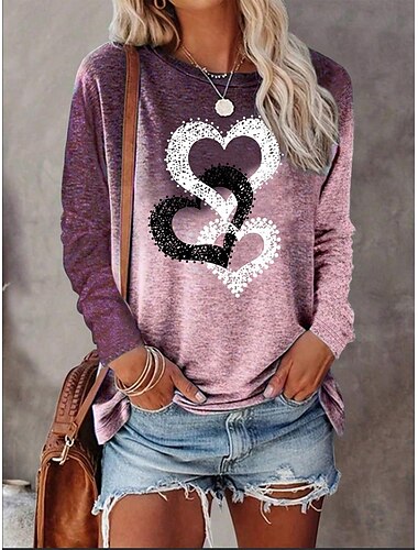  T-shirt Valentine pour femmes en forme de cœur décontracté impression manches longues tops réguliers col ras du cou quotidien violet vert printemps automne
