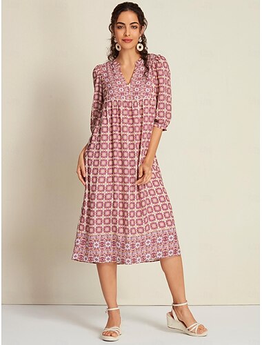  Per donna Abito Etnico Vestito in Chiffon Abito a Tubino Abito Midi Rosa Verde Mezza Manica Floreale Tribale marocchino Stampa Primavera & Estate Scollo a V Colletto Mao Bohemien Vacanza Quotidiano S