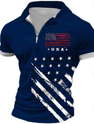  Herr Amerikanska flaggan Veteraner Pikétröjor med dragkedja Golftröja Kortärmad Polotröjor Skjortor med krage Streetwear Semesterkläder Festkläder 3D-utskrift Quarter Zip Polo Vår & sommar Vit Blå