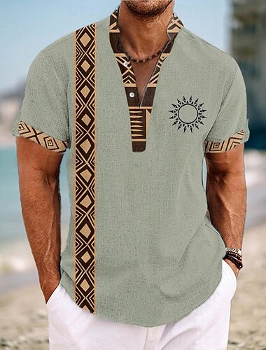  Men's Vintage Southwestern Print Button Up Shirt Henley Shirt Short Sleeve Hawaiian Resort Outdoor Business / Ceremony / Wedding Casual Summer Spring Fall Turndown Brown Green Khaki