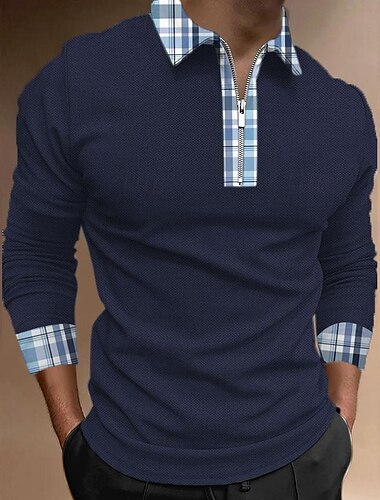  Men's Plaid Zip Polo Shirts Golf Shirt Long Sleeve Polo Shirts Collared Shirts WorkWear Formal Wear Festival Wear 3D Print Quarter Zip Polo Fall & Winter Black White Blue