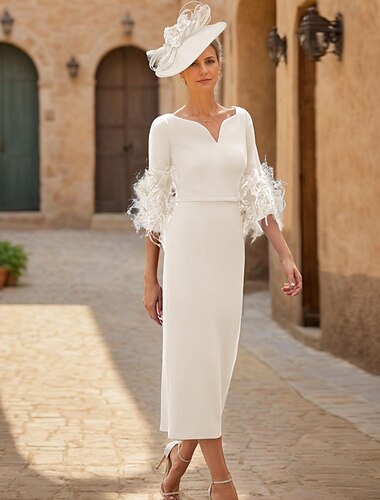  Etuikleid Mutter der Braut Kleid Hochzeit Gast Elegant V-Ausschnitt Knöchellang Stretchstoff Halbe Ärmel mit Feder Derby Kleid Renntag Kleid 2025 kostenlose Maßanfertigung