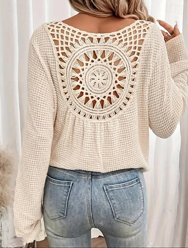  Vrouwen Witte Elegante Kant Tops Oogjes Blouse Stijlvol Casual Effen Kleuren Oogjes Lange Mouw Ronde Hals Dagelijks Romantisch Petite Tops Zomer Vakantie Kleding Grasgroen Roze Blauw Beige Zomer