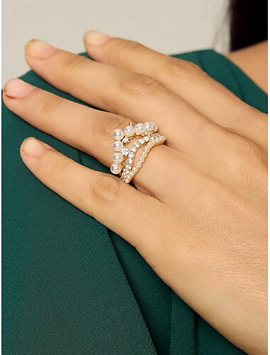  bague en perles d'or réglable pour femme - élégante bande de cuivre et de zircon avec perles d'imitation, parfaite pour les mariages et les événements formels