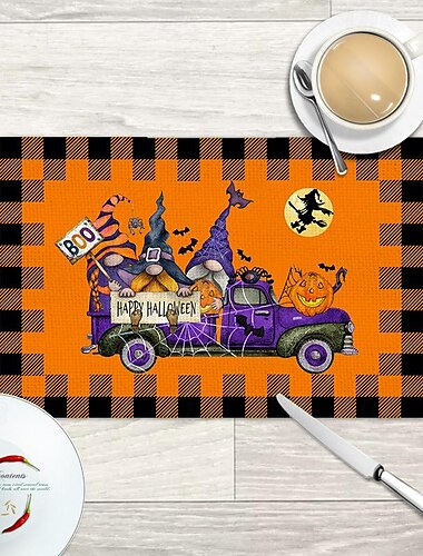  Halloween-Tischsets aus Leinen mit Aufdruck – gruseliges und festliches Design – strapazierfähig und pflegeleicht – perfekt für Halloween-Partys und saisonale Tischdekoration – ideal für Esstische und