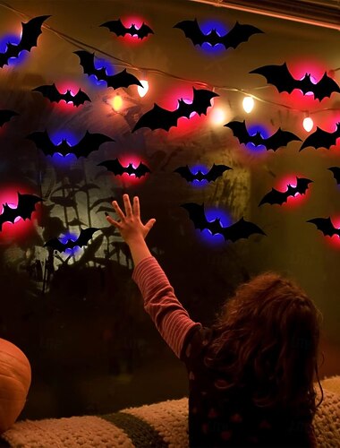 12 stuks 3D Halloween vleermuis decoratie nachtlampje - griezelig multifunctioneel decor voor binnenraam tuin garage met griezelige gloed, pvc muursticker, kamer decor, woondecoratie, halloween kamer