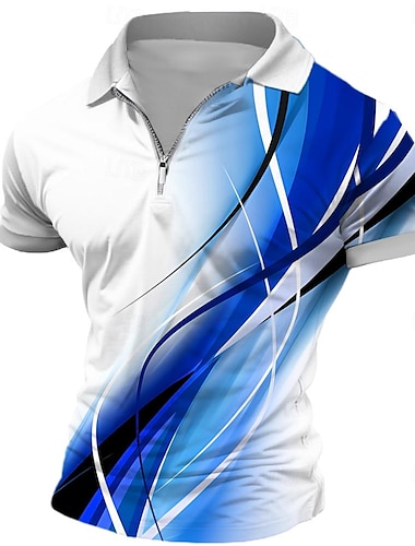  Herr Geometrisk Pikétröjor med dragkedja Golftröja Kortärmad Polotröjor Skjortor med krage Business Casual Semesterkläder Högtidskläder Festivalkläder 3D-utskrift Quarter Zip Polo Sommar Vår Blå