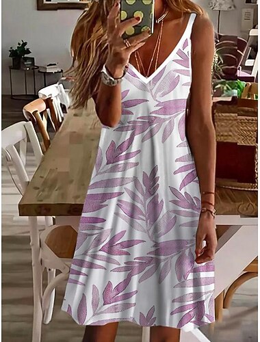  Dames Mini-jurk Casual jurk Zonnejurk Hemdjurk Zomerjurk Vakantie Sexy Casual Buiten Vakantie Dagelijks Normale pasvorm Afdrukken Mouwloos V-hals Spaghettibandjes blauw Geel Blozend Roze Paars Zomer