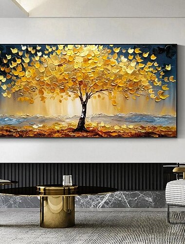  Pintura al óleo de árbol de oro 3d, pintura al óleo de árbol de oro hecha a mano sobre lienzo, pintura al óleo de árbol amarillo dorado con textura abstracta grande, pintura al óleo de árbol de vida,