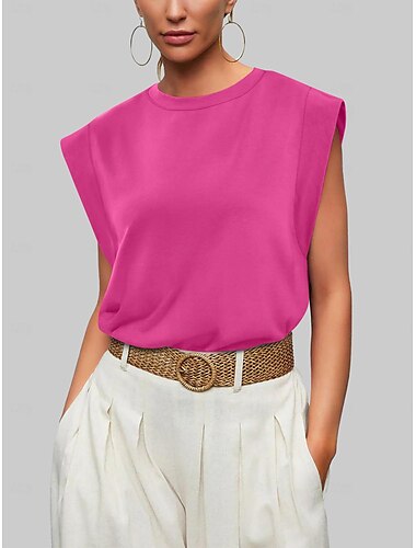  Mujer Camisa Blusa Color sólido Plano Elegante Moderno Sin Mangas Casquillo Cuello Barco Trabajo Diario Negro Blanco Rosa Vino Azul Piscina Verano