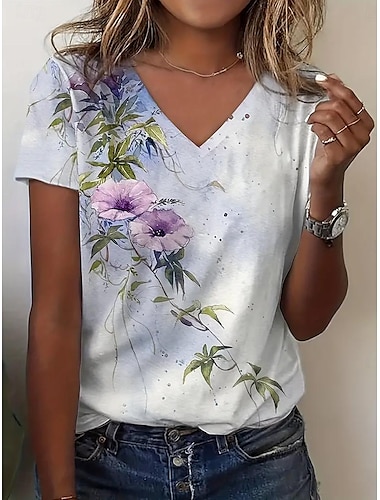 dam t-shirt ledigt blommönster kortärmad vanliga toppar v-ringad daglig vit sommar