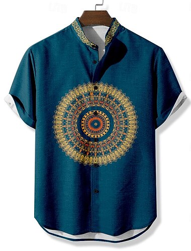  Herren Ethnisch Hemd Knopfhemd Kurzarm Brautkleider schlicht Stamm Urlaub Täglich Sommer Frühling Stehkragen Opa Kragen Knopf Bedruckt Schwarz Blau Khaki
