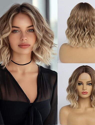  Perruque ondulée courte pour femmes 14 pouces longueur épaule raie centrale bouclée perruque bob ondulée sans dentelle perruque synthétique résistante à la chaleur à apparence naturelle pour une