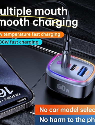  Chargeur de voiture avec câble 60 W Puissance de sortie 3 ports Chargeur pour auto Station de charge multi-USB CE 3 en 1 pour plusieurs appareils Protection de la sécurité Pour Mobile