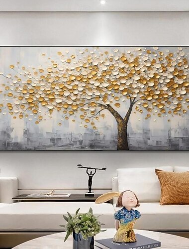  stort 3d gyldne tre lerret oljemaleri håndlaget høst natur landskapsmaleri håndlaget veggkunst botanisk kniv maleri lys luksus til stueinnredning