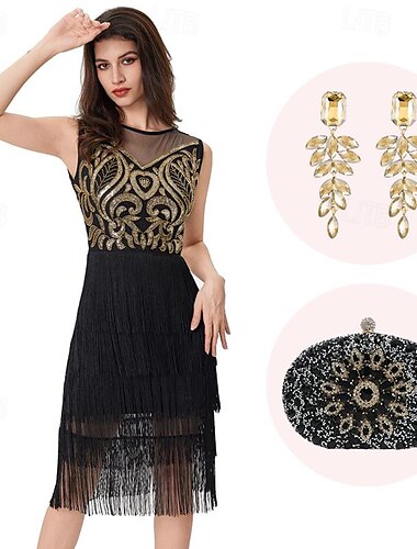  Retrò Vintage Anni Ruggenti Anni 1920 Abito Flapper Costume Cosplay Abiti Il grande Gatsby Invitato al matrimonio Paillettes Frangia con nappe Per donna Natale Halloween Carnevale Halloween Festa