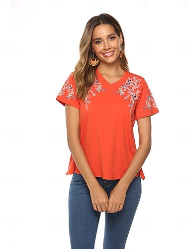  Dia de ação de graças Mulheres Camiseta Boho Floral Boêmia Casual Manga Curta Manga lanterna Decote V Tops longos Diário Para Noite Final de semana Amarelo Laranja Primavera
