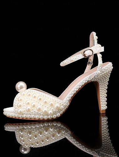  Damen Hochzeit Schuhe Weiße Schuhe Abendschuhe Fersen mit Knöchelriemen Hochzeit Party Aushöhlung Kontrastfarbe Hochzeits-Heels Brautschuhe Brautjungfernschuhe Imitationsperle Schnalle Stöckelabsatz