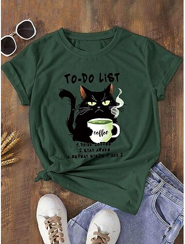  Damen T Shirt Katze Buchstabe Brautkleider schlicht Kurzarm Rundhalsausschnitt Normale Oberteile Täglich Bedruckt Grün Sommer