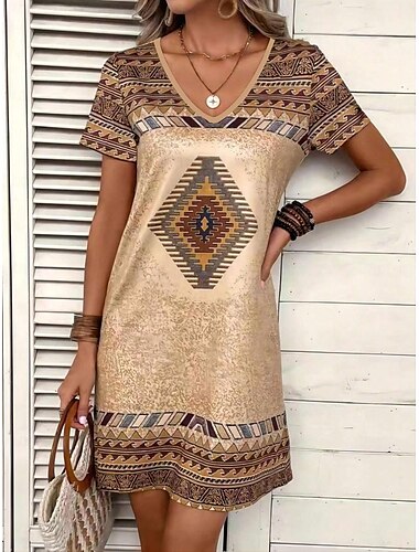  Dames Mini Jurk Petite Jurk T-Shirt Jurk Tee Jurk Zomerjurk A-lijn Jurk Casual Vakantie Verjaardag Casual Losse Pasvorm Geometrisch Korte Mouw V-hals Khaki Zomer