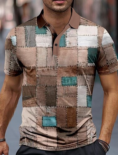  Herren Karomuster Poloshirts Golfshirt Kurzarm Polo-Shirts Hemden mit Kragen Vintage Urlaubskleidung Formelle Kleidung Festivalkleidung Knöpfe 3D-Druck Frühling & Sommer Blau Khaki Grau