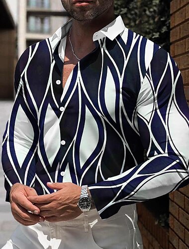  Men's Striped Geometric Pattern Shirt Dress Shirt Button Up Shirt Long Sleeve Business Casual Daily Fall Winter Spring & Summer Turndown Button Up 3D Print Black Blue Green