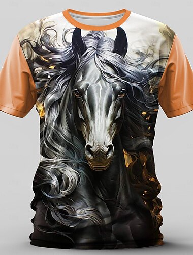  男性用 グラフィック 馬 Tシャツ 半袖 Tシャツ 3Dプリント クルーネック シャツ レトリ／ヴィンテージ カジュアル ストリートスタイル スポーツ・アウトドア 祝日 お出かけ イエロー オレンジ 春夏 衣類 S M L XL 2XL 3XL