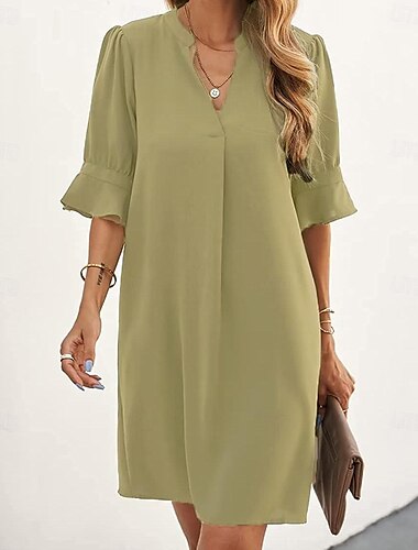  Damen Arbeitskleidung A Linie Kleid Tunika-Kleid Modisch B¨¹ro Arbeitsmode Minikleid Rüsche V Ausschnitt Halbe Ärmel Glatt Lockere Passform Blau Rose Beige Sommer Frühling S M L XL 2XL