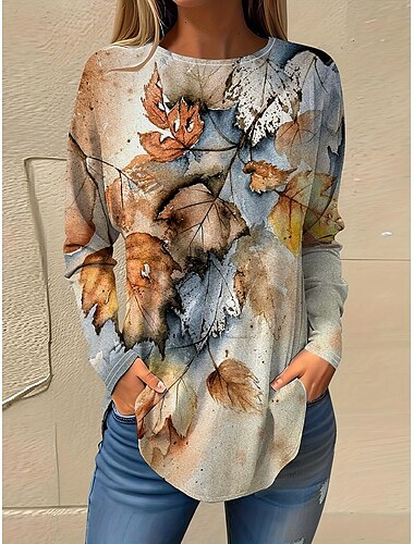  Damen T Shirt Batik Pflanzen Brautkleider schlicht Langarm Rundhalsausschnitt Normale Oberteile Täglich Bedruckt Gelb Frühling & Herbst