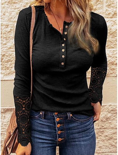  Damen Bluse Elegante Oberteile Feste Farbe Glatt Böhmen Stilvoll Langarm Gekerbter Hals Normale Oberteile Täglich Spitze Knopf Schwarz Leicht Braun Beige Frühling Herbst