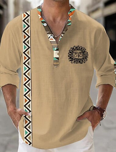 Stamm Modisch lässig Herren Hemd Langarm Normal Urlaub Sommer Frühling & Herbst Ständer Taste Bedruckt Gelb Grün Aprikose Beige Polyester
